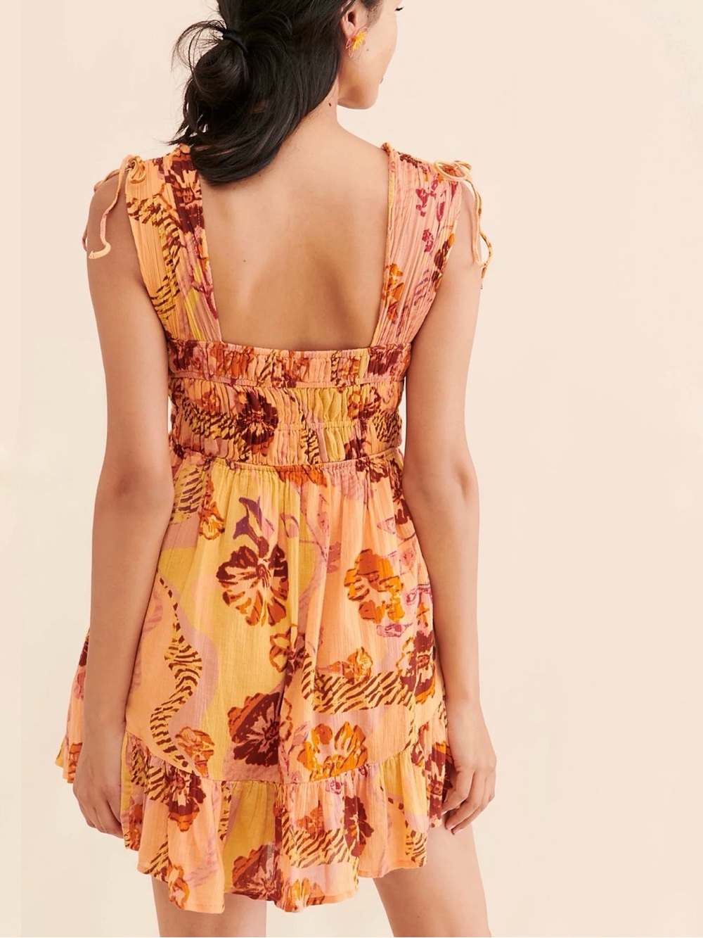 BNWOT Free People Floral Print Smocked Bodice Mini Dress in Orange - L - Picture 2 of 16
